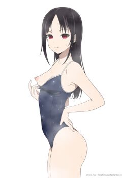 1girl absurdres black_hair blue_one-piece_swimsuit breasts closed_mouth clothes_pull competition_school_swimsuit coro_fae covered_navel cowboy_shot dot_nose fanbox_username from_side hand_on_own_hip highleg highleg_one-piece_swimsuit highres kaguya-sama_wa_kokurasetai_~tensai-tachi_no_renai_zunousen~ long_hair looking_at_viewer nipples one-piece_swimsuit one-piece_swimsuit_pull one_breast_out paid_reward_available parted_bangs pulling_own_clothes red_eyes school_swimsuit shinomiya_kaguya sidelocks simple_background small_breasts smile solo split_mouth standing steam swimsuit twitter_username watermark web_address wet wet_clothes wet_swimsuit white_background