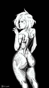 1girl ass back commentary english_commentary greyscale hatching high_contrast highres monochrome nude original practicing senadoor sketch