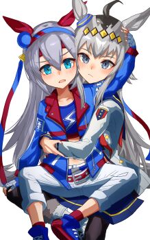 Rule 34 | 2girls, absurdres, ahoge, amamoru 21, animal ears, belt, black pantyhose, blue eyes, blue gloves, blue hairband, blue jacket, blue sailor collar, blue skirt, blue sports bra, blush, breasts, closed mouth, collarbone, commentary request, ear covers, ear ornament, fingerless gloves, gloves, grey hair, grey tail, hair between eyes, hairband, headband, highres, horse ears, horse girl, horse tail, hug, hug from behind, jacket, lightning bolt print, lightning bolt symbol, long hair, long sleeves, looking at viewer, midriff, multicolored hair, multicolored hairband, multiple girls, navel, neckerchief, oguri cap (starlight beat) (umamusume), oguri cap (umamusume), open mouth, pants, pantyhose, red belt, red headband, red neckerchief, sailor collar, shirt, simple background, skirt, small breasts, sports bra, striped clothes, striped hairband, tail, tamamo cross (fast as lightning) (umamusume), tamamo cross (umamusume), two-tone hairband, umamusume, very long hair, white background, white jacket, white pants, white shirt