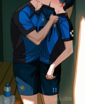 Rule 34 | 2boys, adam's apple, blue lock, blue shirt, blue shorts, blush, bottle, clothes grab, french kiss, from side, grabbing another's shirt, hyohls2 (hamao3o), isagi yoichi, itoshi rin, kiss, male focus, multiple boys, shirt, shorts, soccer uniform, sportswear, standing, water bottle, yaoi