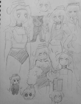 Rule 34 | book, breasts, cheerleader, choker, cleavage, crop top, highres, medium breasts, midriff, shimeji simulation, sketch, small breasts, squidmiku , thighs, white background, yomikawa (shimeji simulation)