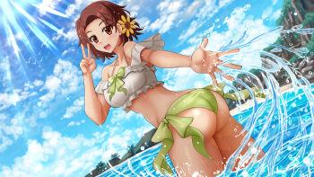 1girl :d aged_down alternate_costume ass bare_shoulders beach bikini bleach bleach:_brave_souls bleach:_sennen_kessen-hen blue_sky blush bow bow_bikini brown_eyes brown_hair cloud commentary commission cowboy_shot day dutch_angle english_commentary flower forehead from_behind green_bikini green_bow hair_flower hair_ornament halterneck hand_up happy highres kazenokaze kurosaki_masaki looking_at_viewer looking_back medium_hair multicolored_bikini ocean official_alternate_costume open_mouth outdoors outstretched_arm outstretched_hand parted_bangs sky smile solo sparkle splashing sunlight swimsuit two-tone_bikini v wading water wet yellow_flower
