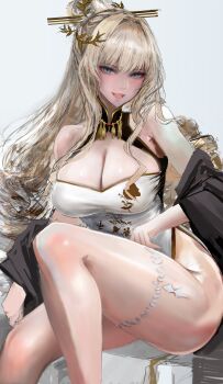 1girl blonde_hair blue_eyes breasts china_dress chinese_clothes cleavage crown_(glorious_flower)_(nikke) crown_(nikke) detached_sleeves dress goddess_of_victory:_nikke hair_ornament hair_stick hashtag-only_commentary highres kyel_hyde large_breasts large_variant_set long_hair long_sleeves looking_at_viewer official_alternate_costume open_mouth ponytail sidelocks sitting smile solo teeth thigh_strap upper_teeth_only variant_set wariza white_background white_dress
