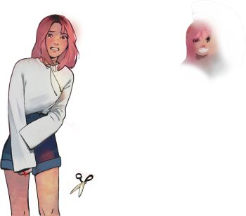 1girl angela_he bleeding blood brown_eyes clenched_teeth cowboy_shot crying crying_with_eyes_open denim denim_shorts freckles looking_at_viewer missed_messages neck_ribbon non-web_source official_art pink_hair reflection ribbon scissors self-harm shirt_tucked_in short_hair shorts sleeves_rolled_up solo sweater tears teeth transparent_background white_sweater worried wrist_cutting