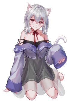 1girl absurdres animal_ears arm_support bare_shoulders barefoot black_dress blush bow braid breasts cat_ears cat_tail choker cleavage collarbone cropped_jacket double_strap_slip dress grey_hair hakase_fuyuki hakase_fuyuki_(4th_costume) highres jacket kemonomimi_mode kotorime_(kmizuq1) large_breasts light_blush long_sleeves looking_at_viewer miniskirt nijisanji off-shoulder_jacket off-shoulder_shirt off_shoulder purple_jacket red_bow red_eyes ribbon ribbon_choker seductive_smile see-through_clothes shirt short_dress sitting skirt smile solo spaghetti_strap tail twin_braids virtual_youtuber white_background wide_sleeves
