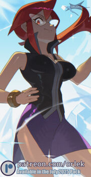 1girl bracelet breasts from_below glasses ice jacket jewelry large_breasts long_hair looking_at_viewer lorelei_(pokemon) nintendo orlek pencil_skirt pokemon pokemon_frlg ponytail red_eyes red_hair shirt sidelocks skirt smile thighs