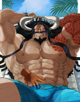 1boy abs arm_tattoo armpits arms_up beach_chair beard black_hair blush bracelet clenched_teeth commentary_request curled_horns dark_nipples day disembodied_hand facial_hair highres horns jewelry kaidou_(one_piece) large_pectorals leaning_back letterboxed long_hair long_mustache looking_down male_focus male_swimwear mature_male miyabi_imo muscular muscular_male mustache nipples one_piece outdoors pectorals shoulder_tattoo sitting solo_focus spiked_bracelet spikes spread_legs stomach straight-on sweat tan tattoo teeth very_long_hair very_long_mustache