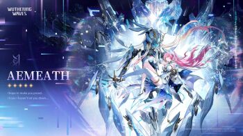 1girl aemeath_(wuthering_waves) arm_up bare_shoulders boots breasts character_name commentary dress elbow_gloves english_commentary english_text gloves headgear high_heels highres logo long_hair medium_breasts official_art pink_hair shoes single_thigh_boot solo thigh_boots very_long_hair white_boots white_dress white_gloves white_shoes wide_shot wuthering_waves