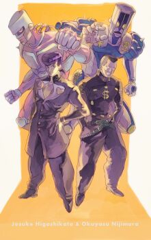 4boys bad_id bad_pixiv_id black_hair crazy_diamond gakuran higashikata_josuke highres jojo_no_kimyou_na_bouken karita_(kali_lgk) male_focus multiple_boys nijimura_okuyasu pompadour purple_hair school_uniform stand_(jojo) the_hand_(stand)