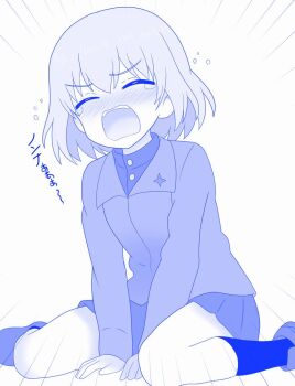Rule 34 | 1girl, blue theme, bob cut, closed eyes, commentary, emphasis lines, frown, full body, girls und panzer, jacket, katyusha (girls und panzer), long sleeves, miniskirt, monochrome, open mouth, pleated skirt, pravda school uniform, school uniform, shira14, shirt, shoes, short hair, sitting, skirt, sobbing, socks, solo, tearing up, translated, turtleneck, v arms, wariza