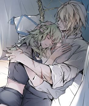 1boy 1girl black_shorts blonde_hair breasts cleavage_cutout closed_eyes clothing_cutout commentary_request crop_top cuddling dimitri_alexandre_blaiddyd dimitri_alexandre_blaiddyd_(timeskip) female_byleth_(awakened)_(fire_emblem) female_byleth_(fire_emblem) fire_emblem fire_emblem:_three_houses green_hair hand_on_another's_chest hand_on_another's_head hand_on_another's_shoulder hetero highres lying medium_breasts medium_hair midriff nintendo official_alternate_hair_color on_back shirt shorts sleeping white_shirt zat_296