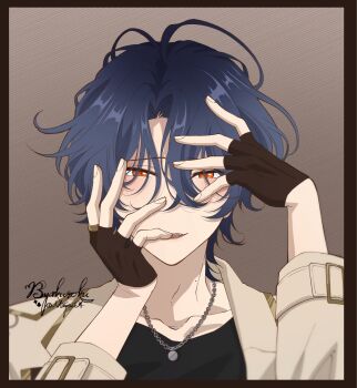 1boy black_gloves blue_hair border commentary_request ensemble_stars! fangs fingerless_gloves fingernails gloves hands_up highres jewelry looking_at_viewer male_focus mole mole_on_neck necklace red_eyes shiro_(may0i_a) short_hair solo teeth three-quarter_sleeves tsuzura_chitose twitter_username upper_body