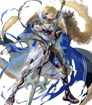 Rule 34 | 1boy, black gloves, blonde hair, blue cape, bodysuit, cape, capelet, clenched teeth, damaged, dimitri alexandre blaiddyd, dimitri alexandre blaiddyd (king of faerghus), dimitri alexandre blaiddyd (king of faerghus) (resplendent), dimitri alexandre blaiddyd (timeskip), eyepatch, fingerless gloves, fire emblem, fire emblem: three houses, fire emblem heroes, gladiator sandals, gloves, gold trim, highres, holding, holding polearm, holding weapon, nintendo, non-web source, official alternate costume, official art, polearm, robe, sandals, solo, teeth, torn cape, torn clothes, two-sided cape, two-sided fabric, weapon, white capelet, white robe