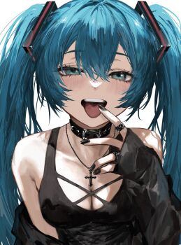 1girl black_choker black_nails blue_eyes blue_hair blush breasts choker cross hatsune_miku highres long_hair looking_at_viewer medium_breasts raberu_ruru simple_background solo tongue tongue_out white_background
