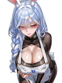 1girl ai-generated animal_ear_fluff animal_ears apron blue_hair blush bodysuit braid braided_ponytail breasts hololive large_breasts leaning_forward long_hair looking_to_the_side mature_female multicolored_hair pekomama rabbit_ears rabbit_girl red_eyes short_eyebrows solo sonicolto sweat thick_eyebrows two-tone_hair virtual_youtuber white_background white_hair