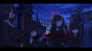 4girls absurdres black_hair blue_archive cloud european_architecture gradient_sky halo hasumi_(blue_archive) highres ichika_(blue_archive) justice_task_force_(blue_archive) justice_task_force_member_(blue_archive) multiple_girls night sky star_(sky) starry_sky tsurugi_(blue_archive) weapon yuma_(lyq_yume)