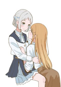 2girls between_legs black_skirt blue_eyes blue_ribbon blue_skirt blush braid brown_skirt closed_mouth commentary_request gakuen_idolmaster hair_ribbon half_up_braid hand_on_another&#039;s_waist highres idolmaster katsuragi_lilja kotsume_kws3 long_hair multiple_girls orange_hair overskirt ribbon shirt shiun_sumika short_hair simple_background skirt smile white_background white_hair white_shirt yuri