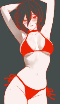 Rule 34 | 1girl, absurdres, armpits, arms behind head, arms up, bikini, blush, breasts, chainsaw man, commentary request, grey background, grin, highres, kayoru (user dmru4757), korean commentary, looking at viewer, medium breasts, navel, red bikini, reze (chainsaw man), simple background, smile, solo, sweatdrop, swimsuit