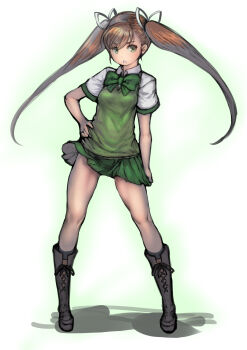 1girl boots bow bowtie breasts brown_hair collared_shirt commentary_request contrapposto full_body green_bow green_bowtie green_eyes green_skirt green_sweater_vest hair_ribbon hand_on_own_hip highres johan_(johan13) legs legs_apart long_hair miniskirt nanase_(under_night_in-birth) open_mouth ribbon school_uniform shirt short_sleeves skirt small_breasts solo standing sweater_vest twintails under_night_in-birth white_background white_mouth white_ribbon white_shirt