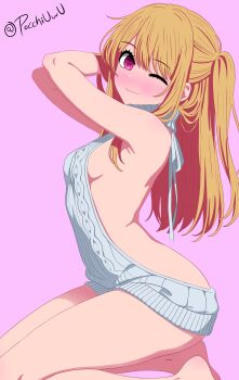 1girl absurdres blonde_hair breasts brown_eyes commentary english_commentary highres hoshino_ruby long_hair male_focus medium_breasts oshi_no_ko pocchi profile simple_background sitting smile solo twitter_username virgin_killer_sweater