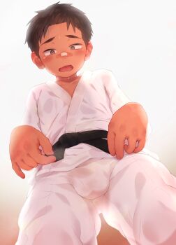 1boy 89usagi absurdres bandaid bandaid_on_face bandaid_on_nose blush brown_eyes brown_hair bulge dougi from_below have_to_pee highres karate_gi male_focus shota solo sweat
