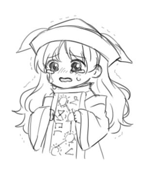 Rule 34 | 1girl, blush, chibi, chibi only, commentary, constellation print, greyscale, highres, long hair, matara okina, mochigumo, monochrome, open mouth, sketch, solo, sun print, tabard, tearing up, touhou, trembling, wide sleeves