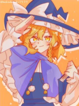 Rule 34 | 1girl, blonde hair, blue capelet, blue skirt, blue vest, book, bow, braid, buttons, capelet, commentary request, frilled capelet, frills, hashtag-only commentary, hat, hat bow, holding, holding book, kirisame marisa, long sleeves, looking at viewer, nekodaisuki3737, salute, shirt, single braid, skirt, smile, solo, touhou, twitter username, upper body, vest, white shirt, witch hat, yellow background, yellow eyes