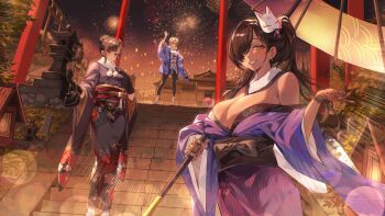 3girls absurdres aerial_fireworks arm_up bag bare_shoulders black_gloves black_hair black_kimono black_pantyhose black_sash blonde_hair blush breasts brown_eyes brown_hair cleavage closed_mouth commentary_request creature dark-skinned_female dark_skin doro_(nikke) ear_piercing earphones ein_(handmade_festa)_(nikke) ein_(nikke) elbow_gloves fireworks flower fox_mask full_body gloves goddess_of_victory:_nikke grin gyaru hair_between_eyes hair_bun hair_flower hair_ornament hair_over_one_eye hair_tie_in_mouth handbag haori highres holding holding_umbrella japanese_clothes kimono lace lace_gloves large_breasts long_hair long_sleeves looking_at_viewer mask mask_on_head medium_breasts mole mole_on_breast mole_under_mouth mouth_hold multiple_girls naga_(last_girlhood)_(nikke) naga_(nikke) new_year night obi official_alternate_costume oil-paper_umbrella outdoors pantyhose parted_bangs parted_lips piercing pink_eyes purple_haori purple_kimono red_eyes red_sash sagi_(sagi_0116) sandals sash shrine side_ponytail sidelocks smile socks stairs standing stone_lantern sweat teeth torii umbrella white_kimono white_socks wide_sleeves wireless_earphones zwei_(first_festa)_(nikke) zwei_(nikke)