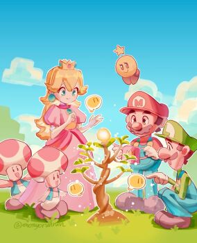 2girls 4boys big_nose black_eyes blonde_hair blue_eyes blue_gem blue_jacket blue_overalls blue_sky brown_hair brown_shoes cloud crown day dress elbow_gloves facial_hair floating gem gloves green_hat green_shirt hands_up hashtag-only_commentary hat highres holding holding_watering_can index_finger_raised initial jacket legs_together long_dress long_hair looking_ahead luigi mario mario_&amp;_luigi:_brothership mario_&amp;_luigi_rpg mario_(series) monyorun multiple_boys multiple_girls mustache nintendo no_nose no_pupils open_clothes open_jacket open_mouth outdoors overalls pants pink_dress princess_peach puffy_short_sleeves puffy_sleeves red_hat red_shirt shirt shoes short_hair short_sleeves sideburns sky smile squatting standing toad_(mario) twitter_username watering_can white_gloves white_pants