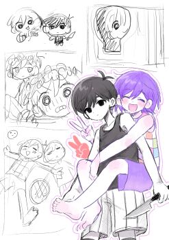 Rule 34 | absurdres, antenna hair, barefoot, black eyes, black hair, black tank top, black thighhighs, blush, carrying, checkered clothes, closed eyes, closed mouth, colored skin, commentary request, double-parted bangs, expressionless, hair between eyes, hector (omori), highres, kel (faraway) (omori), kel (headspace) (omori), kel (omori), looking at viewer, male focus, omori, omori (omori), open mouth, pet rock, piggyback, purple hair, purple shorts, salt xs2, short hair, shorts, sketch, smile, striped clothes, striped shorts, sunny (omori), tank top, thighhighs, v, vertical-striped clothes, vertical-striped shorts, white shorts, white skin