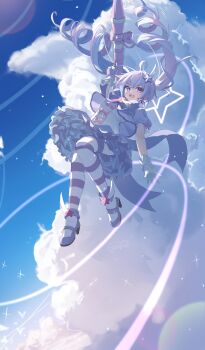 1girl absurdres blue_archive blue_hair blue_jacket blue_skirt blush commentary_request drill_hair gloves halo high_heels highres holding holding_rocket_launcher holding_weapon jacket long_hair looking_at_viewer multicolored_hair official_alternate_costume official_alternate_hairstyle open_mouth purple_eyes purple_hair purple_halo purple_shoes purple_theme reisa_(blue_archive) reisa_(magical)_(blue_archive) rocket_launcher shirt shoes short_sleeves sidelocks skirt solo striped_clothes striped_thighhighs thighhighs twin_drills two-tone_hair very_long_hair weapon white_gloves white_shirt youqia