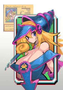 1girl bare_shoulders blonde_hair blue_eyes blue_hat blush blush_stickers breasts cleavage dark_magician_girl duel_monster green_eyes hat highres large_breasts long_hair looking_at_viewer pentacle pentagram shakeeeeeeeee smile solo upper_body wizard_hat yu-gi-oh!