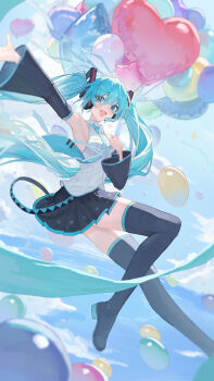 1girl :d absurdly_long_hair absurdres aqua_eyes aqua_hair aqua_necktie armpit_focus armpits balloon bare_shoulders black_skirt black_sleeves black_thighhighs blue_eyes blue_hair blue_necktie blue_sky boots chinese_commentary cloud collared_shirt commentary_request day detached_sleeves floating_hair hair_between_eyes hair_ornament hatsune_miku headphones headset heart_balloon highres holding holding_balloon lansemiao long_hair long_sleeves looking_at_viewer miniskirt necktie open_mouth outdoors outstretched_arm pleated_skirt presenting_armpit shirt skirt sky sleeveless sleeveless_shirt smile solo star_balloon thigh_boots thighhighs twintails very_long_hair vocaloid white_shirt zettai_ryouiki