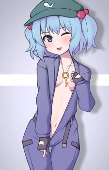 1girl belt blonde_hair blue_eyes blush breasts gloves green_hat hair_ornament hat highres jewelry kawashiro_nitori key looking_at_viewer navel necklace no_bra nuclear_cake one_eye_closed pulling_own_clothes pulling sexually_suggestive shadow short_twintails simple_background solo thigh_gap tongue tongue_out touhou twintails wink