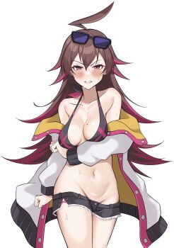 1girl absurdres ahoge bare_shoulders bikini bikini_shorts black_bikini blush breasts brown_hair cleavage dapiko_(duel_masters) duel_masters duel_masters_play&#039;s eyewear_on_head highres huge_ahoge jacket long_hair looking_at_viewer mole mole_on_breast multicolored_bikini multicolored_hair multicolored_jacket navel nekohitsuj96199 open_clothes open_jacket pink_bikini pink_hair purple_eyes shorts simple_background solo sunglasses sweatdrop swimsuit very_long_hair white_background