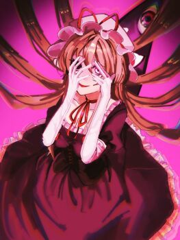 1girl blonde_hair breasts chromatic_aberration corset creepy_eyes dress elbow_gloves frills gap_(touhou) gloves hat hat_ribbon horror_(theme) jyazo_pic long_hair looking_at_viewer mismatched_eyes mob_cap pink_background purple_dress red_eyes ribbon smile solo touhou white_eyes white_gloves yakumo_yukari
