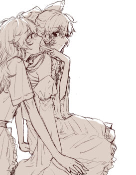 2girls apron bow cheek_poking chest_sarashi closed_mouth commentary_request detached_sleeves frilled_bow frilled_hair_tubes frills greyscale hair_bow hair_tubes hakurei_reimu hitte5416 holding_hands interlocked_fingers kirisame_marisa long_hair monochrome multiple_girls no_headwear poking sarashi sitting skirt smile touhou vest waist_apron yuri