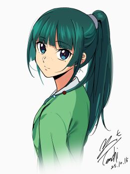 Rule 34 | 1girl, absurdres, artist name, blue eyes, blunt bangs, chinese clothes, closed mouth, dated, freckles, green hair, hair elastic, high ponytail, highres, kusuriya no hitorigoto, long hair, looking at viewer, looking back, maomao (kusuriya no hitorigoto), ponytail, signature, smile, solo, upturned eyes, very long hair, white background, yoo tenchi