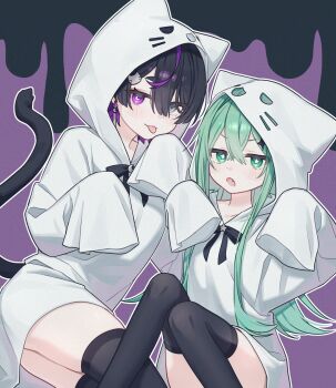 2girls :3 absurdres animal_hood black_background black_hair black_ribbon black_thighhighs cat_hair_ornament cat_hood cat_tail character_request claw_pose cloak convenient_leg fang ghost_costume green_eyes green_hair grey_eyes hair_between_eyes hair_ornament halloween halloween_costume heterochromia highres hood hood_up knees_together_feet_apart long_hair looking_at_viewer lying multiple_girls namin_(anjpzaobmhbppxs) nanase_(namin) neck_ribbon on_side open_mouth original outline purple_background purple_eyes ribbon short_hair sidelocks simple_background sitting sleeves_past_fingers sleeves_past_wrists sparkle_hair_ornament star-shaped_pupils star_(symbol) symbol-shaped_pupils tail thighhighs tongue tongue_out two-tone_background white_cloak white_outline