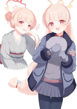 +_+ 1girl absurdres black_jacket black_pantyhose blonde_hair blue_archive blush commentary_request grey_hat grey_kimono grey_sash grey_skirt grey_sweater hair_bun halo hat hello-ghiblisan highres holding holding_unworn_clothes holding_unworn_hat jacket japanese_clothes kimono long_hair looking_at_viewer nodoka_(blue_archive) nodoka_(hot_spring)_(blue_archive) obi official_alternate_costume official_alternate_hairstyle open_mouth pantyhose pleated_skirt red_eyes red_halo sash skirt sweater unworn_hat unworn_headwear yellow_halo yukata