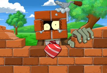 blue_sky brick brick_wall brickhead_zombie_(plants_vs._zombies) brown_jacket cloud colored_skin commentary_request covered_face day fingernails grass green_skin highres jacket long_sleeves looking_at_viewer masonry_trowel necktie outdoors plants_vs._zombies plants_vs._zombies_2 red_necktie sky solo straight-on striped_necktie tree trowel zombie zombie42-kazu