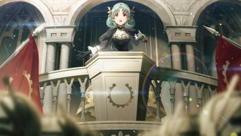 building capelet flag game_cg glowing green_hair hairband idolmaster idolmaster_million_live! idolmaster_million_live!_theater_days official_art open_mouth orange_eyes railing tokugawa_matsuri
