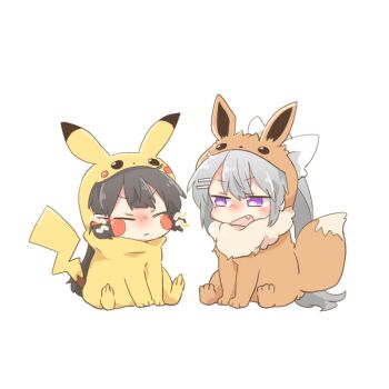 Rule 34 | 2girls, black hair, chibi, closed eyes, closed mouth, cosplay, eevee, eevee (cosplay), electricity, fang, gen 1 pokemon, grey hair, hair between eyes, hair ornament, hair ribbon, hairclip, higuchi kaede, long hair, multiple girls, nijisanji, nintendo, open mouth, pikachu, pikachu (cosplay), pokemon, ponytail, purple eyes, rebecca (keinelove), ribbon, simple background, sitting, tsukino mito, very long hair, virtual youtuber, white background, white ribbon