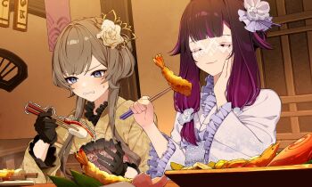 2girls alternate_costume black_gloves black_hair blue_eyes brown_hair cha_hanare chopsticks clenched_teeth closed_eyes columbina_(genshin_impact) commentary_request eye_mask flower flower_on_head food frilled_kimono frills genshin_impact gloves hand_on_own_cheek hand_on_own_face highres holding holding_chopsticks indoors japanese_clothes kimono long_hair long_sleeves mask multicolored_hair multiple_girls obi obiage obijime purple_hair sandrone_(genshin_impact) sash shrimp shrimp_tempura sidelocks smile sushi teeth tempura trembling two-tone_hair white_kimono white_mask yellow_kimono