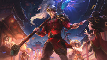 3boys 5girls :d annie_(league_of_legends) arm_up armor belt black_belt black_hair bomb brown_hair brown_pants character_request closed_mouth cropped_jacket double_bun explosive firecracker_jinx firecracker_sett firecracker_teemo firecracker_tristana firecracker_xin_zhao fireworks flower from_side grin hair_bun hair_flower hair_ornament highres holding holding_person holding_polearm holding_weapon jacket jinx_(league_of_legends) league_of_legends leona_(league_of_legends) long_hair long_sleeves multiple_boys multiple_girls night official_alternate_costume official_art open_mouth outdoors over_shoulder panda_annie pants pink_flower pointy_ears polearm red_jacket red_shirt sett_(league_of_legends) shirt short_hair short_sleeves shoulder_armor smile stuffed_animal stuffed_panda stuffed_toy teemo teeth tristana tristana_(league_of_legends) weapon weapon_over_shoulder white_hair xin_zhao yordle zoe_(crownsforkings)