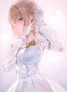 1girl armpits bang_dream! bang_dream!_it's_mygo!!!!! blush bow brown_hair collarbone commentary dress earrings flower gloves green_bow hair_flower hair_ornament highres jewelry looking_at_viewer misumi_uika purple_eyes see-through_clothes see-through_sleeves simple_background solo tokkyu white_background white_dress white_gloves