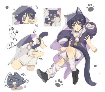 1boy aged_down alternate_costume animal animal_ear_fluff animal_ears animalization ass_smack bell black_hair black_shirt black_shoes black_sleeves blunt_ends blush casual cat cat_boy cat_ears cat_tail child clothing_cutout collar contemporary disembodied_hand eyeliner eyeshadow feathers full_body genshin_impact gold hair_ornament hairclip holding holding_animal holding_another&#039;s_tail holding_another&#039;s_tongue holding_cat jingle_bell knee_blush long_sleeves looking_at_another loose_socks lower_teeth_only makeup male_focus niwa_(genshin_impact) open_mouth paw_print paw_print_background person_and_animalization pom_pom_(clothes) purple_eyes purple_rope purple_veil red_eyeliner red_eyeshadow rope scaramouche_(cat)_(genshin_impact) scaramouche_(genshin_impact) scaramouche_(kabukimono)_(genshin_impact) see-through_clothes see-through_veil shimenawa shimianaya shirt shoes shorts socks solo string tail tail_through_clothes tears teeth tongue tongue_out v-shaped_eyebrows veil white_background white_collar white_rope white_shorts white_socks wispy_bangs yellow_feathers