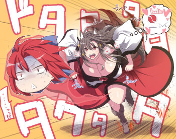 2girls alternate_breast_size_(larger) animal_ears ball bare_shoulders bent_over boots bow breasts brooch brown_hair chasing cleavage collarbone disembodied_head dress fangs fleeing floating floating_head full_body gloom_(expression) hair_bow heart huge_breasts imaizumi_kagerou jewelry long_hair looking_at_another medium_hair motion_lines multiple_girls nervous_sweating off-shoulder_dress off_shoulder open_mouth otoufu_(wddkq314band) red_eyes red_hair running sekibanki smile speech_bubble speed_lines sweat thought_bubble touhou triangle_mouth turn_pale v-shaped_eyebrows very_long_hair wide_sleeves wolf_ears