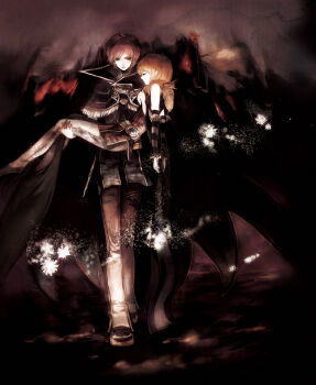 1boy 1girl alternate_color belt blonde_hair bracelet brown_hair cape carrying cloak dark detached_sleeves closed_eyes fox full_body gun high_wizard_(ragnarok_online) jewelry orange_hair pale_skin pants ponytail princess_carry professor professor_(ragnarok_online) profile ragnarok_online red_hair rifle sakaya sakaya313 scarf short_hair sleeveless uniform walking weapon