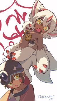 1boy 1girl absurdres black_hair black_skin body_fur bright_pupils colored_skin dama_ttete dark-skinned_male dark_nipples dark_skin dated extra_arms fake_horns faputa flat_chest goggles_around_breasts helmet highres horned_helmet horns loli looking_up made_in_abyss monster_girl multiple_tails navel nipples open_mouth reg_(made_in_abyss) sharp_teeth standing_on_shoulder tail teeth twitter_username white_fur white_pupils yellow_eyes